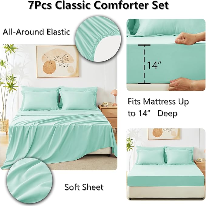 CozyLux King Size Comforter Set Mint Green - 7 Pieces Bed in a Bag King, Luxury Soft Bed Set for All Seasons, Bedding Set with Down Alternative Comforter, Sheets, Pillowcases & Shams