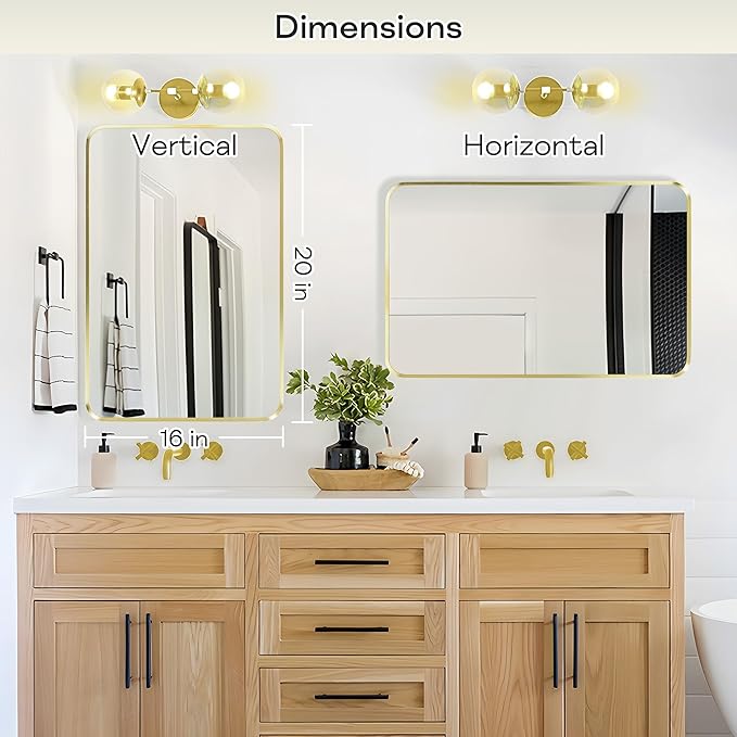 Wall Mount Mirror for Bathroom, Brushed Gold Metal Framed Rounded Corner Rectangular Vanity Mirror (16" x 20", Gold)