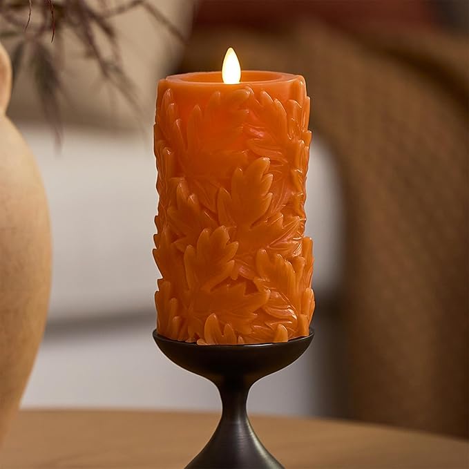Luminara Flameless Marmalade Embossed Leaves 3.5" x 6.5" Pillar, Battery Operated & Timer Function, Fall Decorations Indoor Candle Moving Flickering Flame LED Light, Remote Ready (Sold Separately)
