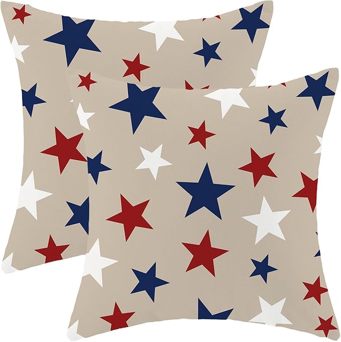 4th of July Pillow Covers 16 x 16 Inch, Red Blue White Patriotic Star Decor Throw Pillows for Couch, Vintage American Flag Independence Day Decorative Pillowcase Linen Cushion Cover Set of 2