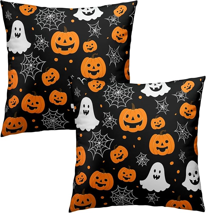 Halloween Throw Pillow Covers 18x18 - Ghost Pumpkins Pillow Covers 2PCS Halloween Day Spider Web Pillowcases for Couch Sofa Bench Bedroom