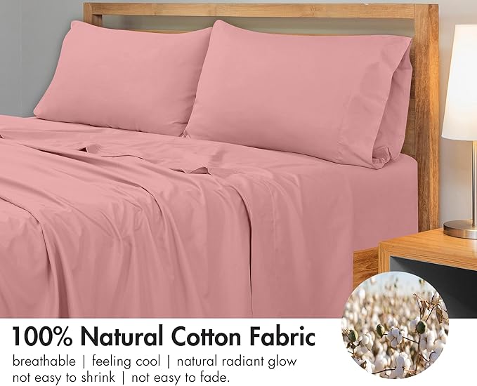 Royale Linens 300 Thread Count 100% Long Staple Combed Cotton Flat Sheet - Super Soft - Top Sheets - Full Flat Sheet Sold Separately - Breathable, Cool & Crisp Percale Sheets Only (Full, Pink)