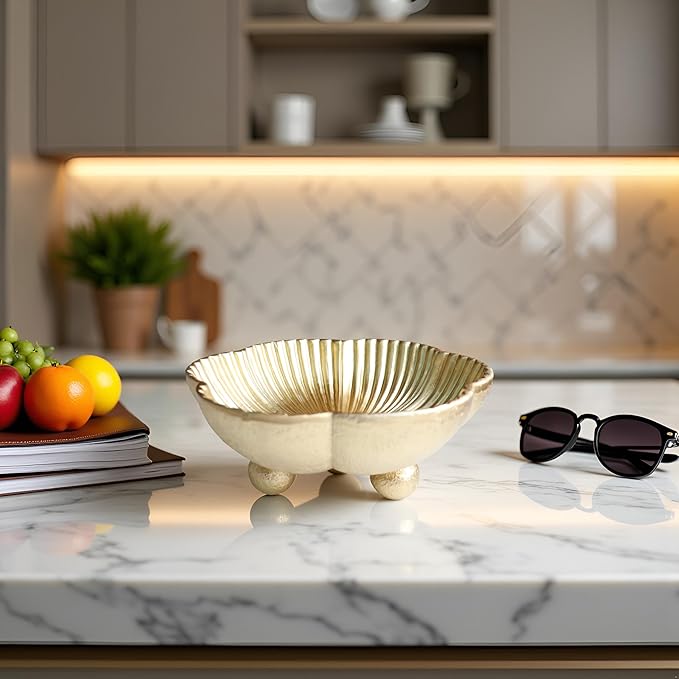 Large Decorative Bowl decor, Scalloped Pedestal Bowls for Modern Home Decor,Ruffle Decor,Stylish Key Bowl for Entry Table,Decorative Fruit Bowl for Kitchen Counter, Golden