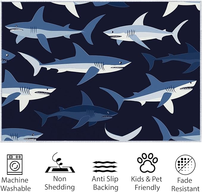 Area Rugs for Living Room 6x9 ft Cartoon Shark Dark Blue Non Slip Area Rug, Ultra Soft Low-Pile Floor Carpet, Durable Washable Rug for Bedroom, Dining Room, Home Office