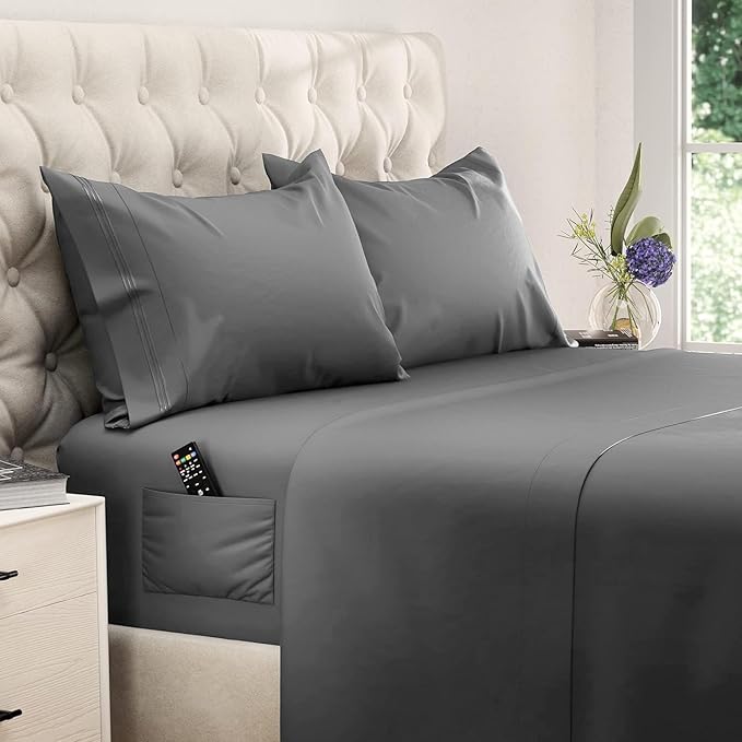 DREAMCARE Twin XL Sheet Sets - 4pc Cooling Sheets XL Twin Sheets - Twin XL up to 21” Deep Pocket – Hotel Luxury Extra Long 100% Brushed Microfiber with Side Pocket - D. Gray