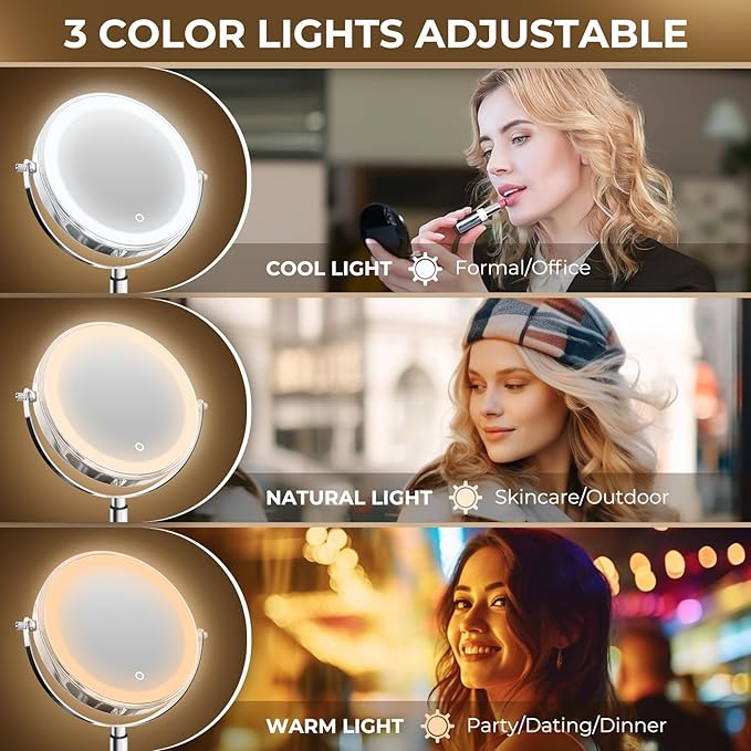 8" Wall Mounted Lighted Makeup Mirror, 3000mAh Rechargeable Double Sided 1X/10X Magnifying Mirror with Hook,3 Color Lights Dimmable 360° Rotation Vanity Mirror for Bathroom
