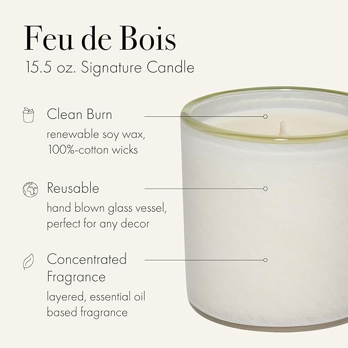 LAFCO New York Signature Candle, Feu de Bois - 15.5 oz, 2 Pack - 90-Hour Burn Time - Reusable, Hand Blown Glass Vessel - Made in The USA