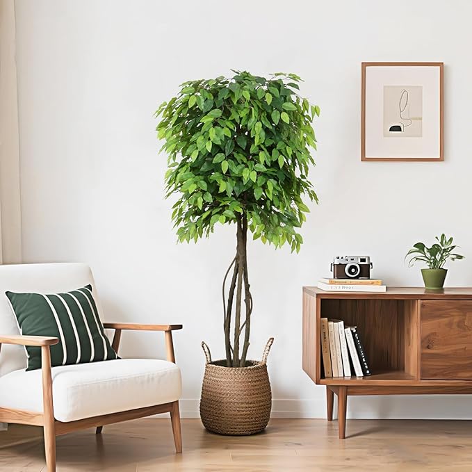 Faux Ficus Tree 5ft(60in) Artificial Floor Plant for Indoor Decor Realistic Potted Tree with Texture Silk Leaves and Natural Wood Trunk for Home Living Room,Office Perfect Housewarming Gift