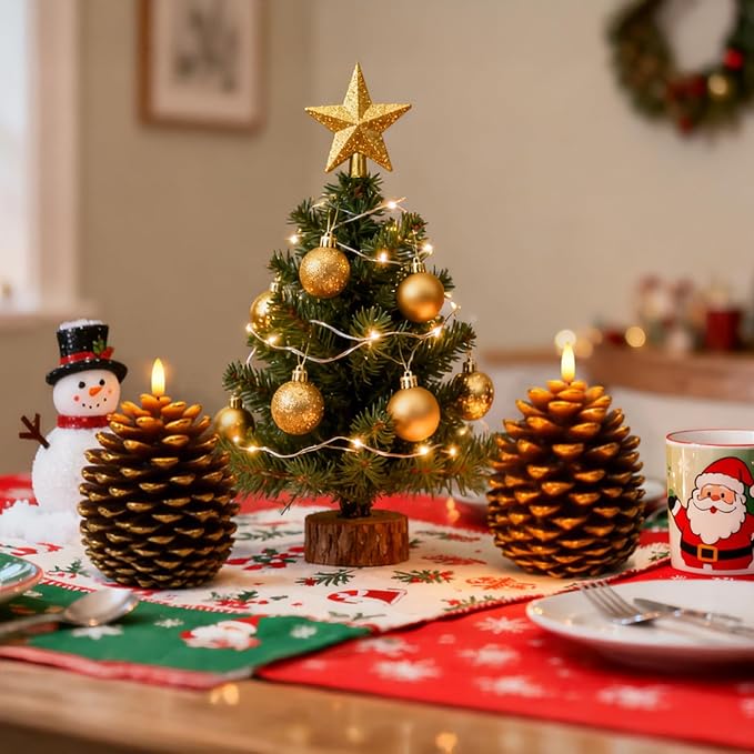 Christmas Decorations Indoor, Christmas Decor - Pinecone Candles Battery Operated, Flickering Flameless LED Pine Cone Candles, 6H Timer, Fall Thanksgiving Xmas Home Table Room Holiday Decor, Set of 2