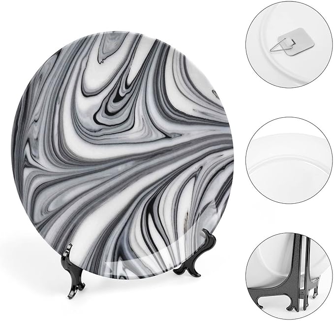 7 Inch Decorative Plate,Marble Dinner Plate, Mix of White and Black Hallucinatory Marbling Print Ornament Display Plate for Dining Table Setting, Wedding Reception Decorations, Christmas Tablescape