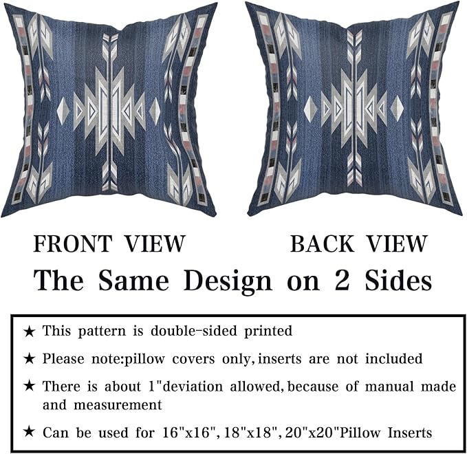 Giwawa Southwestern Throw Pillow Covers, Navy Blue Grey Native American Pillow Cases Set of 2, Ethnic Tribal Geometric Square Cushion Covers Double Sided for Sofa Porch Bedding Patio Decor, 20x20 Inch