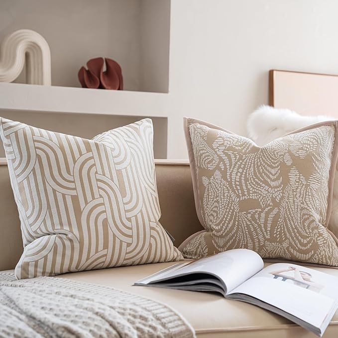 Premium Throw Pillow Covers 20x20 Inches - Oatmeal Zebra Framed Chenille Jacquard Embroidery Decorative Couch Pillow Covers for Living Room Bedroom Sofa Home Décor