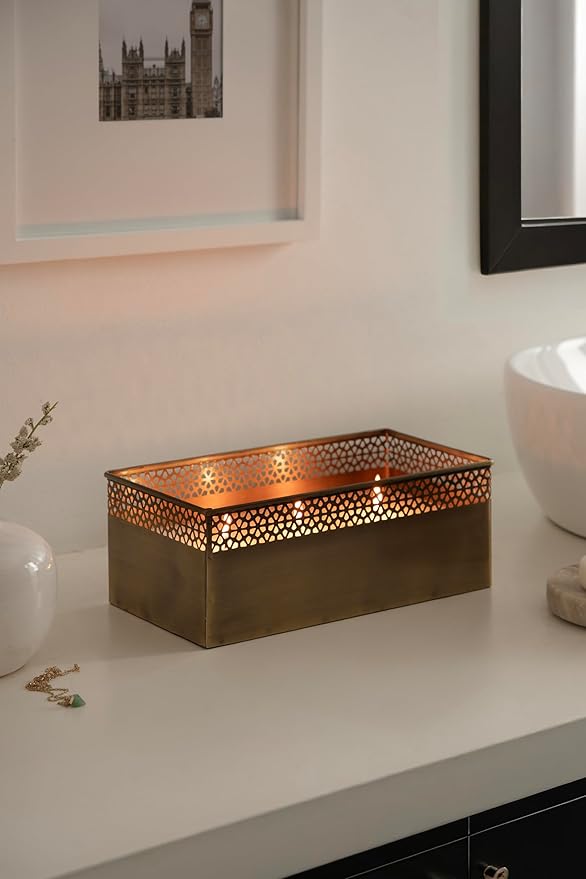 Kate and Laurel Pearce Rectangle Unscented Candle, 11 x 6 x 4, Antique Brass, Large Three-Wick Candle with Decorative Metal Vessel for Living Room Decor