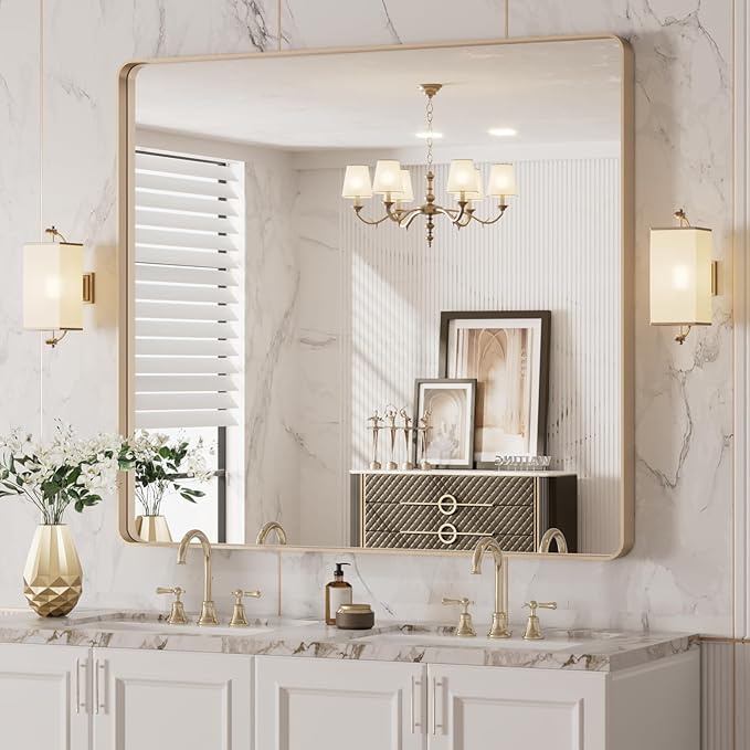 LOAAO 40”X36” Gold Bathroom Mirror, Rounded Rectangle Gold Frame Mirror, Brushed Gold Bathroom Vanity Mirror Wall-Mounted, Anti-Rust, Tempered Glass, Hangs Horizontally or Vertically