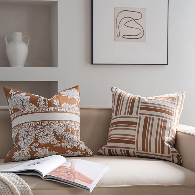 Premium Throw Pillow Covers 18x18 Inches - Tawny Birch Mosaic Grid Chenille Jacquard Embroidery Decorative Couch Pillow Covers for Living Room Bedroom Sofa Home Décor