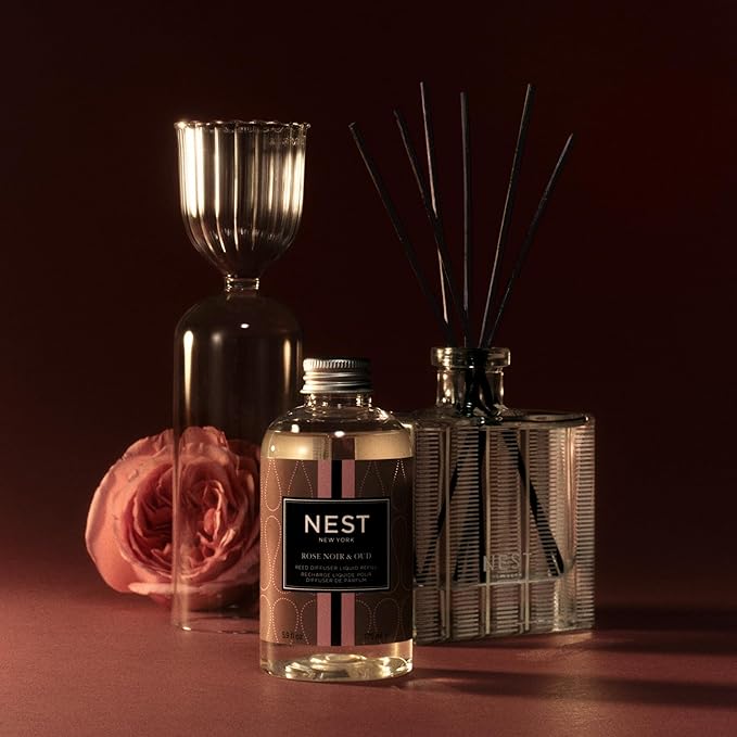 NEST New York Reed Diffuser, Rose Noir & Oud - 5.9 fl oz - Fragrance for Up to 90 Days - Reusable, Refillable Glass Holder - Includes 8 All-Natural Reed Sticks - Flame Free