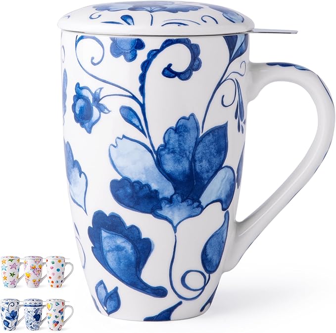 GBHOME Tea Mug with Infuser and Lid, 18 Ounce Large Ceramic Loose Leaf Cup, Microwave, Dishwasher Safe, Perfect for Tea Lovers