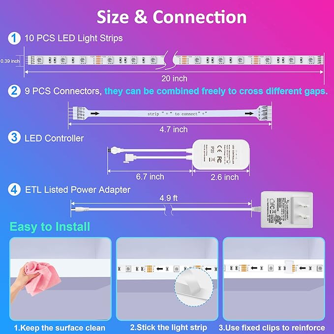 maylit 10 PCS Smart RGB Under Cabinet Lights Kit, Compatible with Alexa and Google Assistant, App and Remote Control, Music Sync Color Changing, Timer, Dimmable, for Cabinet, Counter, Shelf, Bookcase