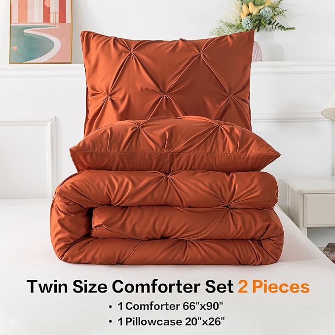 Andency Burnt Orange Pinch Pleat Comforter Twin(66x90Inch), 2 Pieces(1 Pintuck Comforter, 1 Pillowcase) Microfiber Pintuck Comforter Set Down Alternative Comforter Bedding Set