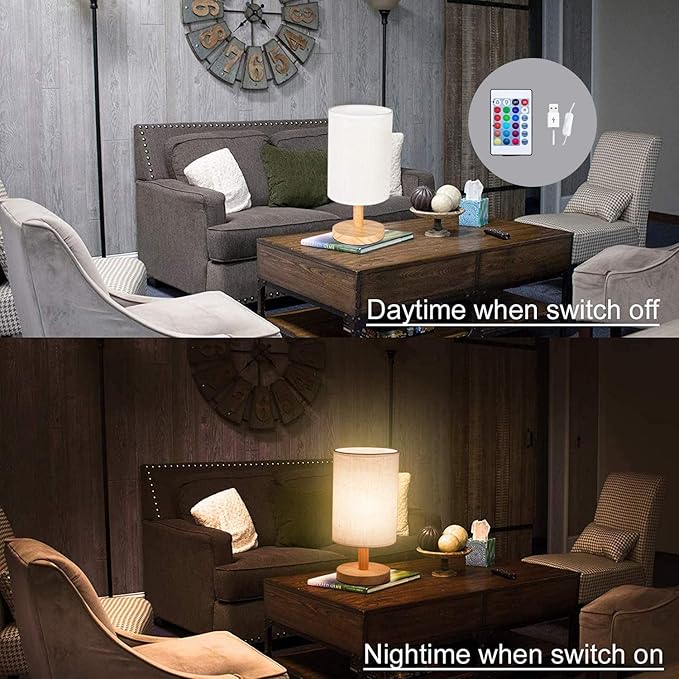 LOPYEIJFG Minimalist Bedside Table Lamp Hand Drawn Seamless with Dinosaurs and Tropical Leaves and Flowers Wood Nightstand Lamp Bedside Desk Lamp Wood Base Flaxen Fabric Shade for Bedroom Living Room