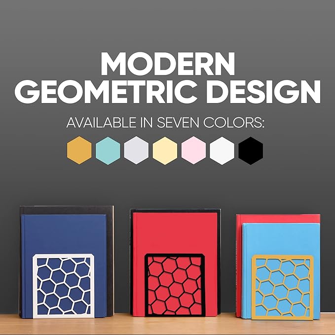 GEOMOD Geometric Honeycomb Black Metal Bookends Decorative - Tall Sturdy Book Ends for Shelves - Modern Heavy Duty Bookend Stopper - Office or Home Book Shelf Book Holder - 6x3.25x6.25 Inches - 2 Pair
