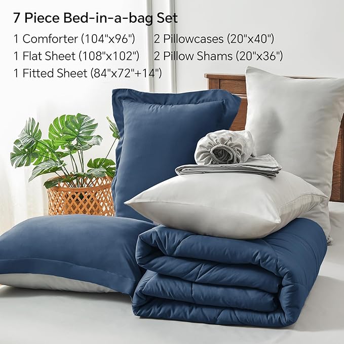 BEDELITE California King Size Comforter Set 7 Pieces Bed in A Bag - Soft Microfiber Reversible Cal King Calm Blue Bed Set with Comforters, Sheets, Pillowcases & Shams, Cozy Bedding Sets for All Season