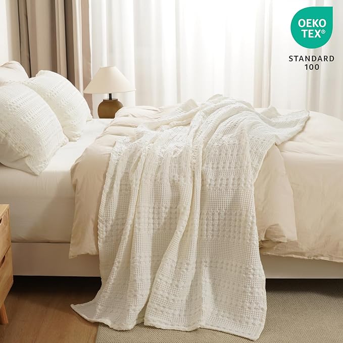 PHF 100% Cotton Waffle Weave Throw Blanket, Soft Lightweight Breathable Cozy Throws for Couch Bed Sofa, Luxury Aesthetic Woven Blanket for Home Decor & Office, 50"x60", Ivory