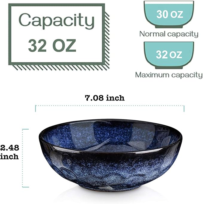 vicrays Ceramic Salad Bowls Set for Kitchen, Serving - 32 Ounce Soup Bowls, Pasta Bowls, Chip Resistant, Dishwasher Microwave Safe, Large, Fluted, stoneware, Set of 6 (Blue)