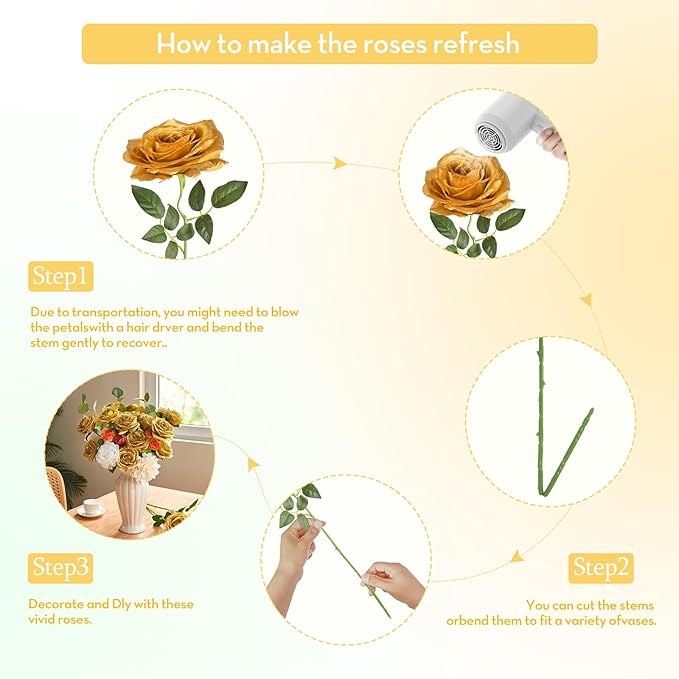 Serwalin 20pcs Artificial Gold Roses, 4'' Big Flower Head, Fake Roses Velvet Real Touch, Silk Roses Long Stems Realistic Bouquet for Wedding Parties Table Centerpiece and Home Decor