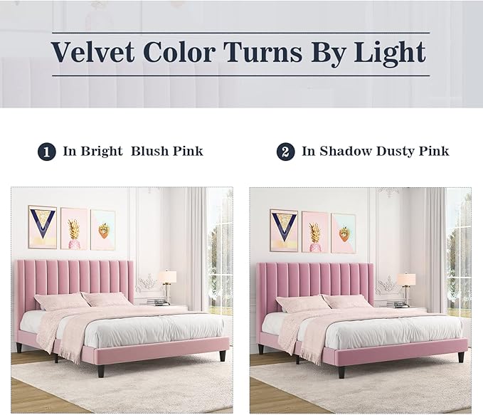 Allewie King Platform Bed Frame/Velvet Upholstered Bed Frame with Vertical Channel Tufted Headboard/Strong Wooden Slats/Mattress Foundation/Box Spring Optional/Easy Assembly/Pink