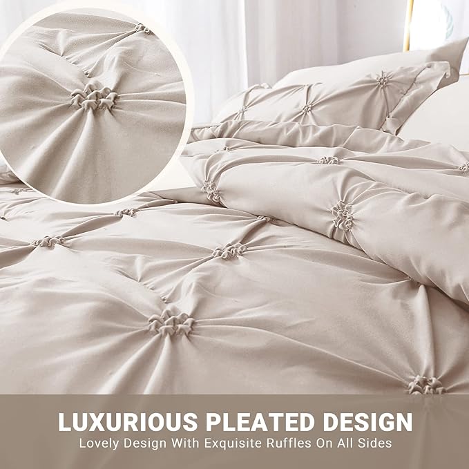 JOLLYVOGUE Queen Comforter Set 7 Pieces, Beige Bed in a Bag Comforter Set for Bedroom, Bedding Comforter Sets with Comforter, Sheets,Ruffled Shams & Pillowcases