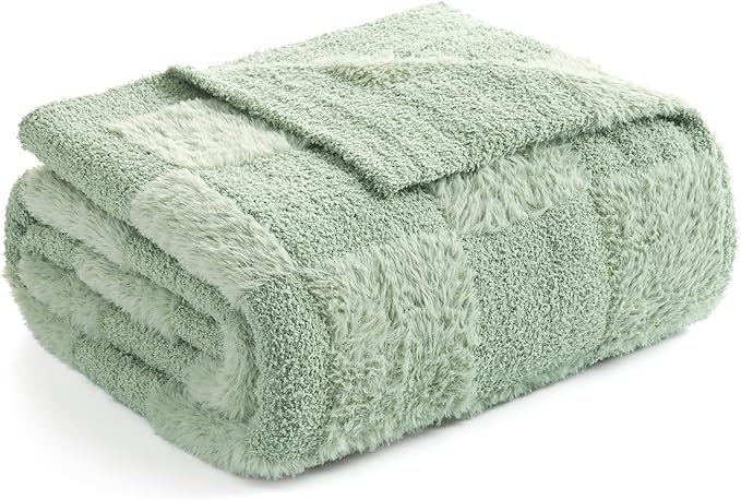 Snuggle Sac Faux Fur Checkered Blanket Twin Size with Soft Knitted Microfiber,Cozy Soft Warm Blanket for Sofa Bedroom Living Room,Solid Sage Green,60x80 inches