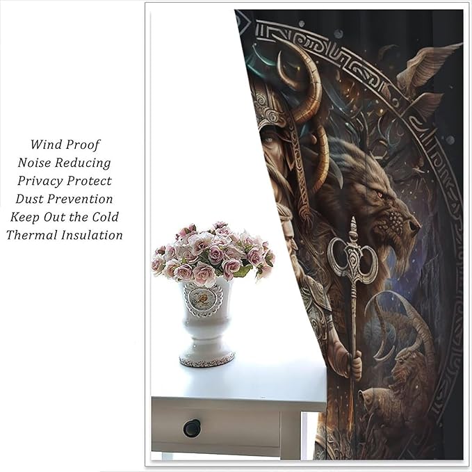 Cool Norse Viking Theme Curtains,Fantasy Ancient Symbols Wildlife Wolf Nordic Vikings Window Treatments Thermal Insulated Rod Pocket Blackout Drapes for Bedroom 2 Panels 63L x 42W