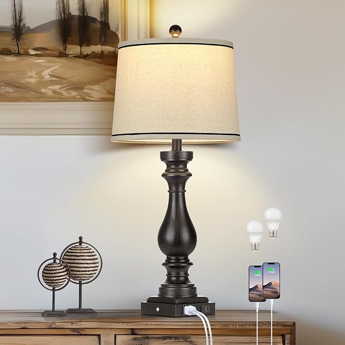 27.5" Farmhouse Table Lamp for Living Room,Vintage Bedside Nightstand Lamp with USB C+A Ports & AC Outlet,3-Way Dimmable Touch Control Retro Black Desk Lamp for Bedroom,Single Black