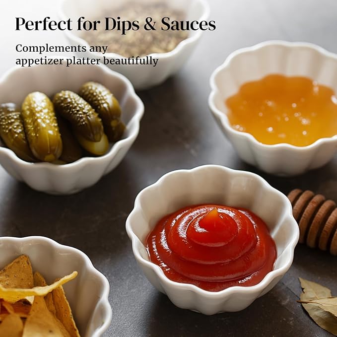 DOWAN Ramekins 4 oz, Creme Brulee Ramekins, Ramiken Oven Safe for Baking, Souffle Dishes Custard Cups, Porcelain Small Dipping Sauces Charcuterie Dessert Bowls, Ceramic Pudding Cups, Set of 6, Soft White