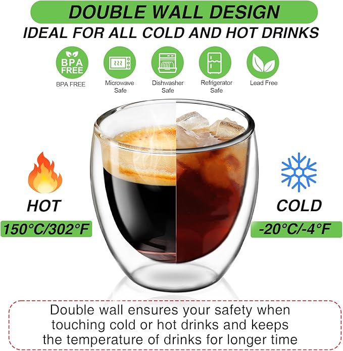 Espresso Cups Set of 4, 5 OZ Expresso Shots Glass Cup, Double Walled Glass Coffee Mugs, Espresso Machine Accessories,Insulated Clear Espresso Shot Glasses Cups,Water Won't Enter Between Double Walls