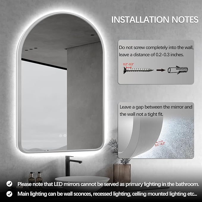 Arched LED Bathroom Mirror, 40"x30" Silver Framed Arch Backlit Mirror with Lights, Lighted Vanity Mirror for Wall, Anti-Fog, 3 Colors, Dimmable, Adjustable Brightness, Waterproof, UL Listed