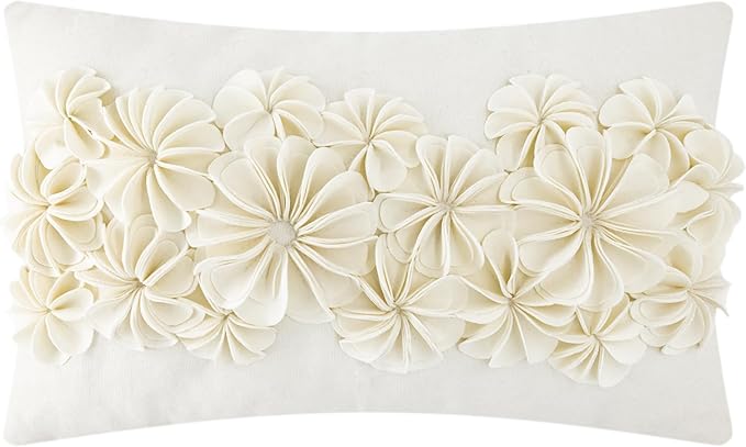 KINGROSE 3D Handmade Flowers Decorative Throw Pillow Cover Solid Velvet Artistic Cushion Covers Home Decor Pillow Case for Sofa Couch Chair 12 x 20 Inches Cream Velvet