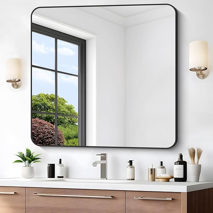 Bathroom Mirror, 42x42 inch Black Square Wall Mirror, Rounded Corner Aluminum Metal Frame Vanity Mirror, Large Wall Mounted Mirrors for Over Sink Bedroom Living Room Entryway