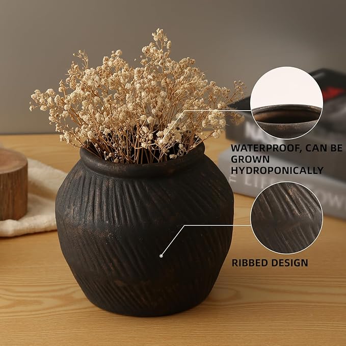 Farmhouse Ceramic Vase - Black Rustic Vintage Flower Vase for Home, Living Room, Shelf and Dining Table Decor - 7IN