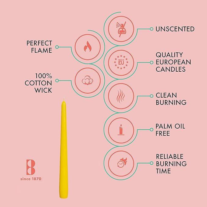 BOLSIUS Yellow Taper Candles - 4 Pack Unscented 10 Inch Dinner Candle Set - 8 Hours Burn Time - Premium European Quality - Smokeless and Dripless Household Wedding, Party, and Home Decor Candlesticks