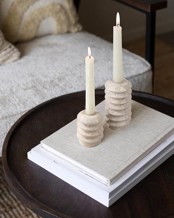 HofferRuffer Travertine Candlestick Holders, Set of 2 Natural Stone Candle Holder Decorative Candle Stands for Wedding, Dinning, Party, Table Centerpieces, Fits 3/4'' Thick Candles (Cream White)