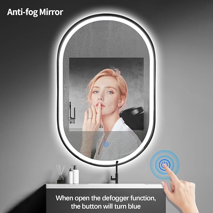 36"x24" Oval LED Bathroom Mirror with Lights, Black Anti Fog Lighted Vanity Mirror Wall Mounted, Stepless Dimmable LED Oval Mirror, Memory, ShatterProof, Front/Backlit, Horizontal/Vertical