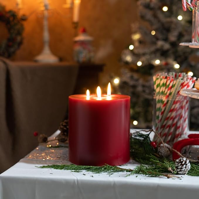 MOZEAL Extra Large 3 Wick Dark Red Pillar Candle, 6" x 6", Unscented, Dripless, Smokeless, and Clean-Burning. Approx. 80 Hours of Burn Time. Perfect for Weddings, Dinners, Christmas and Home Decor