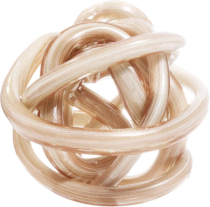 Luxury Lane Hand Blown Infinity Knot Sommerso Decorative Glass Ball for Bowls Home Decor 4 inch Tall Orbit Centerpiece Table Decoration Sculpture White Gold