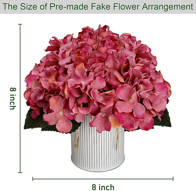 Flower Table Centerpieces - Set of 6 Floral Arrangement Artificial Wedding Hydrangeas Floral Arrangement with Rustic Metal Vase for Bridal Tea Party Event Decorations - Dusty Pink