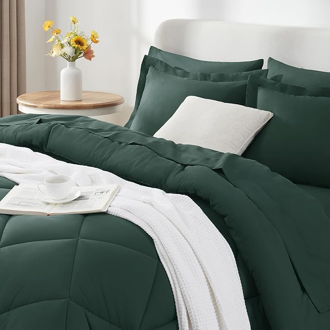 CozyLux King Size Comforter Set Forest Green - 7 Pieces Bed in a Bag King, Luxury Soft Bed Set for All Seasons, Bedding Set with Down Alternative Comforter, Sheets, Pillowcases & Shams