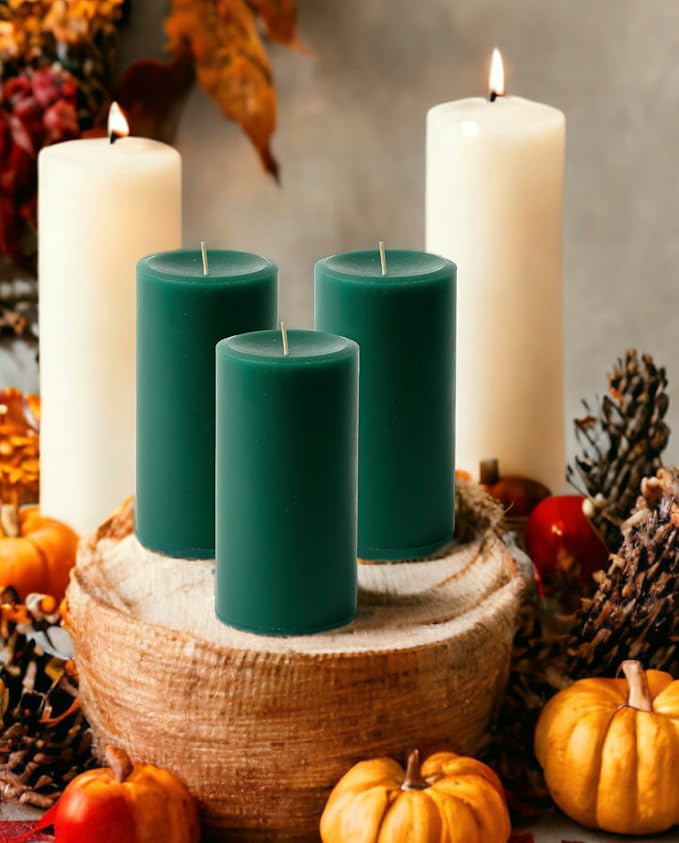 Mister Candle Dripless Unscented Pillar Candles, Set of 3 Hand Poured Hunter Green Pillar Candles, Solid Color Non-Scented Candles for Home Decor, Premium Wax, 80 Hr Burn Time, 3x6 Inch