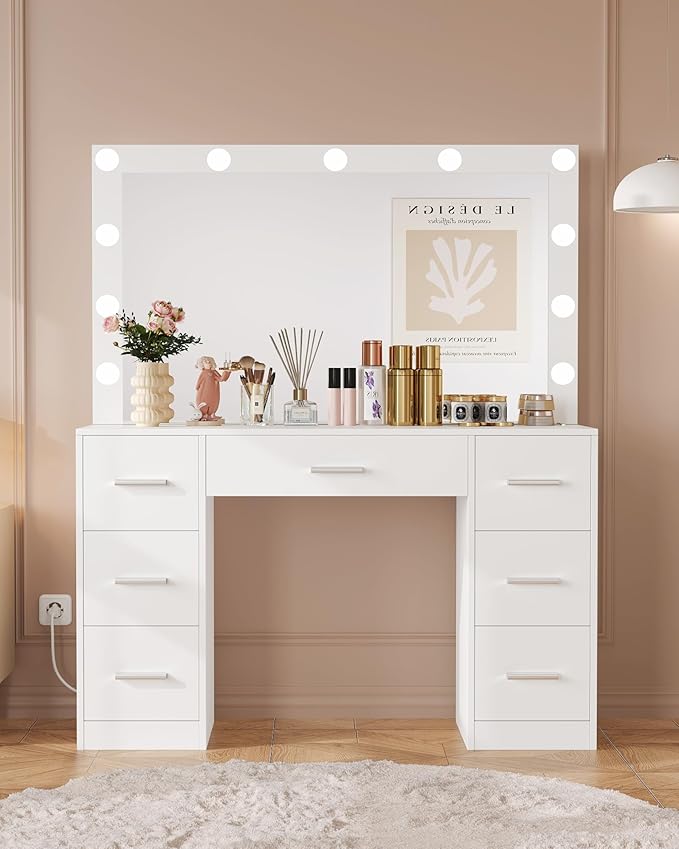 Irontar Vanity Table, Makeup Desk with Lighted Mirror, Dressing Desk with Drawers and Adjustable Brightness, 3 Color Lighting Modes, Vanity Desk for Women(White)