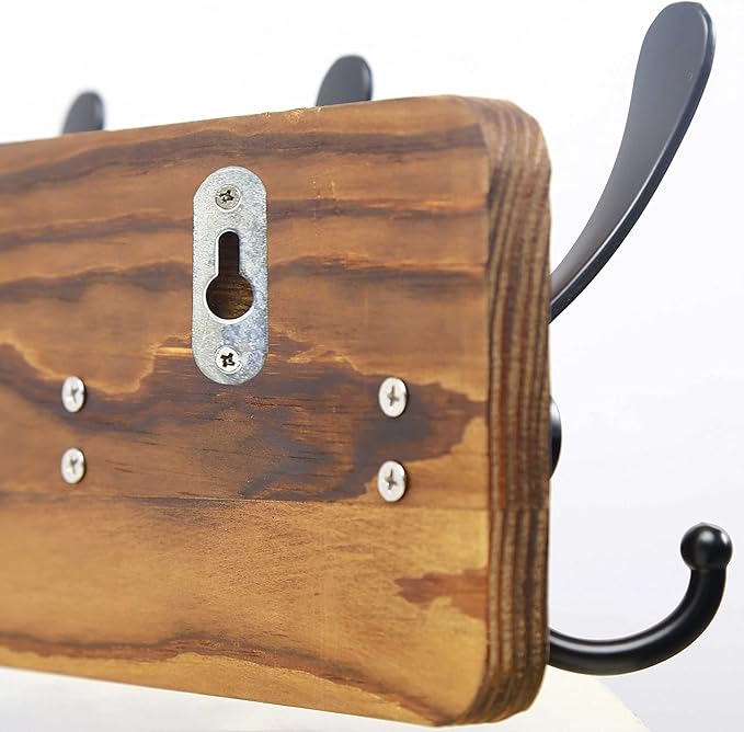 SKOLOO Rustic Wall Mounted Coat Rack: 16" Hole to Hole, Pine Real Wood Plank Wall Coat Rack with 5 Triple Hooks, Farmhouse Coat Hanger Wall Mount for Hanging Backpack Jacket Coat Hat